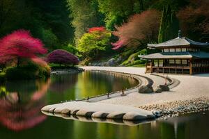 ein japanisch Garten mit ein Pagode und Bäume. KI-generiert foto