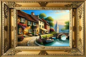ein Gemälde von ein Dorf durch das Wasser. KI-generiert foto