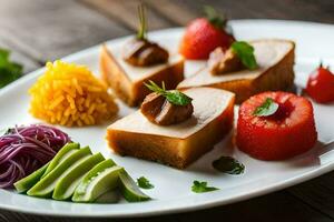 ein Teller mit ein Scheibe von Kuchen, Erdbeeren, und Avocado. KI-generiert foto