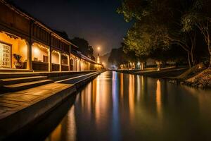 ein Kanal beim Nacht mit ein Haus und Bäume. KI-generiert foto