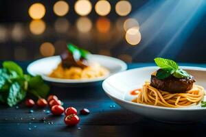 zwei Platten von Spaghetti mit Fleisch und Tomaten. KI-generiert foto