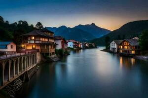 Foto Hintergrund das Himmel, Berge, Fluss, Häuser, Berge, Fluss, Wasser, Wasserfälle. KI-generiert