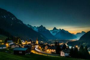 Foto Hintergrund das Himmel, Berge, Dorf, Nacht, das Alpen, Schweiz, Die. KI-generiert