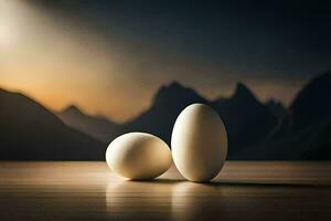 zwei Eier auf ein Tabelle mit Berge im das Hintergrund. KI-generiert foto
