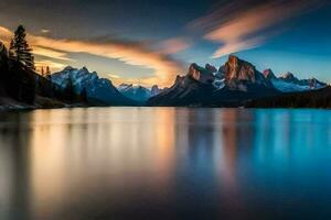 ein schön Sonnenuntergang Über ein See mit Berge im das Hintergrund. KI-generiert foto