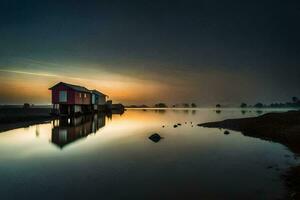 ein klein rot Haus sitzt auf das Ufer von ein See beim Sonnenaufgang. KI-generiert foto