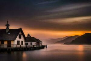 ein Haus auf das Wasser beim Sonnenuntergang. KI-generiert foto