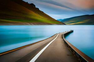 ein lange Exposition Foto von ein Straße führen zu ein See. KI-generiert