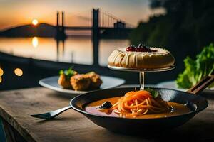 ein Teller mit Essen und ein Aussicht von das Sonnenuntergang. KI-generiert foto