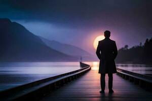 ein Mann Stehen auf ein Seebrücke suchen beim das Sonne. KI-generiert foto