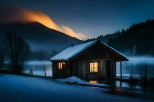 ein Kabine im das Schnee beim Nacht. KI-generiert foto