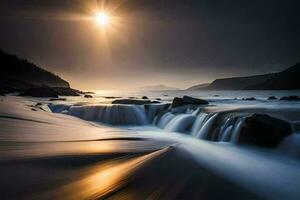 ein lange Exposition fotografieren von ein Wasserfall im das Ozean. KI-generiert foto