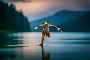 ein Frosch Springen im das Wasser. KI-generiert foto