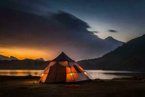 ein Zelt ist zündete oben beim Sonnenuntergang im Vorderseite von ein See. KI-generiert foto