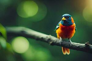 ein bunt Vogel sitzt auf ein Ast. KI-generiert foto