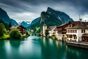 ein Fluss läuft durch ein Stadt, Dorf im das Berge. KI-generiert foto