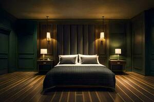 ein Schlafzimmer mit dunkel Holz Böden und ein Bett. KI-generiert foto