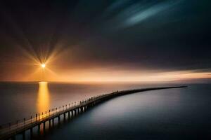 ein lange Seebrücke mit ein Sonne leuchtenden Über Es. KI-generiert foto