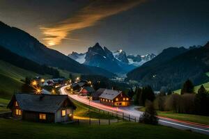 Foto Hintergrund das Himmel, Berge, Straße, Haus, das Dorf, das Berge, das Straße. KI-generiert