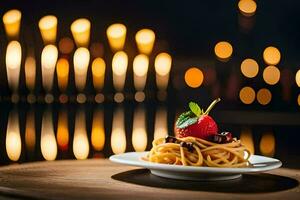 Spaghetti mit ein Erdbeere auf ein Platte. KI-generiert foto