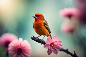 ein klein Orange Vogel ist thront auf ein Ast mit Rosa Blumen. KI-generiert foto