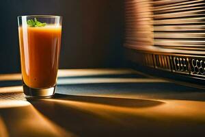 ein Glas von Orange Saft Sitzung auf ein Tisch. KI-generiert foto