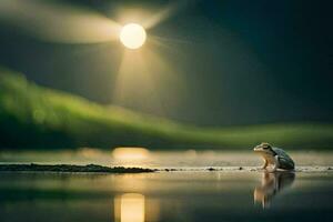 ein Vogel Stehen auf das Ufer von ein See beim Nacht. KI-generiert foto