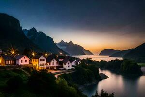 Foto Hintergrund das Himmel, Berge, Wasser, Häuser, Norwegen, das Fjorde,. KI-generiert