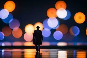 ein Mann im ein Hut Spaziergänge im Vorderseite von ein bunt beleuchtet Hintergrund. KI-generiert foto