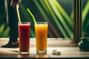 zwei Brille von Orange Saft mit Strohhalme auf ein hölzern Tisch. KI-generiert foto