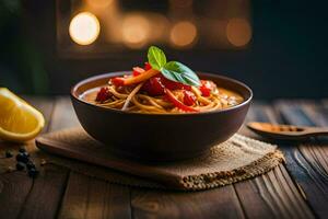 Spaghetti mit Tomate und Basilikum im ein Schüssel. KI-generiert foto