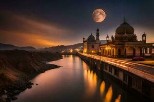 das Mond steigt an Über ein Moschee und Fluss. KI-generiert foto