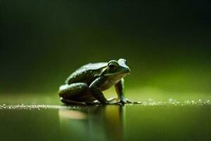 ein Frosch Sitzung auf das Wasser Oberfläche mit Tau Tropfen. KI-generiert foto