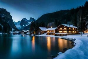 ein See und Berg beim Nacht mit Schnee auf das Boden. KI-generiert foto