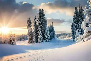 ein schneebedeckt Straße im das Winter. KI-generiert foto