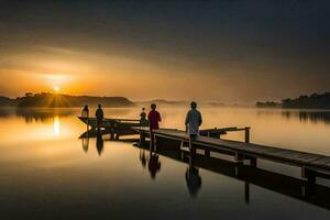 Menschen Stehen auf ein Dock beim Sonnenaufgang. KI-generiert foto