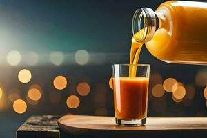 ein Glas von Orange Saft Sein gegossen in ein Flasche. KI-generiert foto