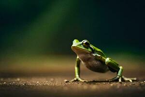 ein Frosch ist Stehen auf es ist Hinter Beine auf ein dunkel Hintergrund. KI-generiert foto