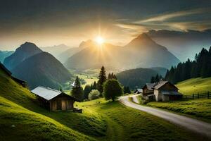 das Sonne steigt an Über das Berge im das Hintergrund. KI-generiert foto