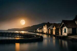 ein voll Mond steigt an Über ein klein Stadt, Dorf auf das Wasser. KI-generiert foto