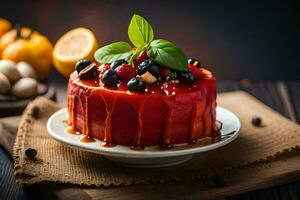 ein rot Kuchen mit Beeren und Beeren. KI-generiert foto