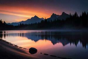 ein schön Sonnenuntergang Über ein See mit Felsen und Bäume. KI-generiert foto