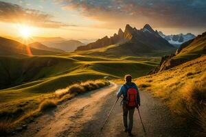 ein Mann mit ein Rucksack und Trekking Stangen Spaziergänge entlang ein Schmutz Straße im das Berge. KI-generiert foto