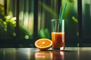 Orange Saft im Glas mit Stroh auf hölzern Tisch. KI-generiert foto