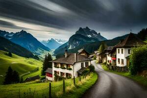 ein Straße im das Berge mit Häuser und Berge im das Hintergrund. KI-generiert foto