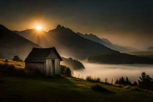 das Sonne steigt an Über das Berge im das Nebel. KI-generiert foto