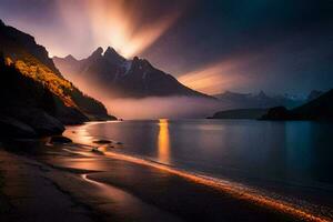 Foto Hintergrund das Himmel, Berge, Wasser, Licht, das Sonne, das Berge, das See. KI-generiert