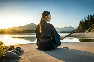 ein Frau im ein Kimono Sitzung auf das Strand mit ein Stock. KI-generiert foto