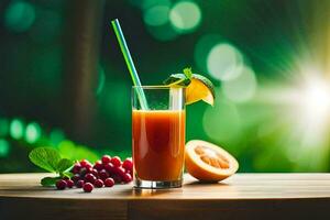 ein Glas von Saft mit ein Stroh und Beeren auf ein Tisch. KI-generiert foto