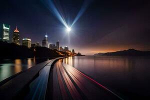 ein lange Exposition Foto von ein Stadt Horizont beim Nacht. KI-generiert